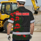 Hi Vis Hawaiian Shirt Reflective Tapes Red Ohia Lehua Polynesian Tribal Custom Name Safety Workwear For Workers, Truckers, Operators