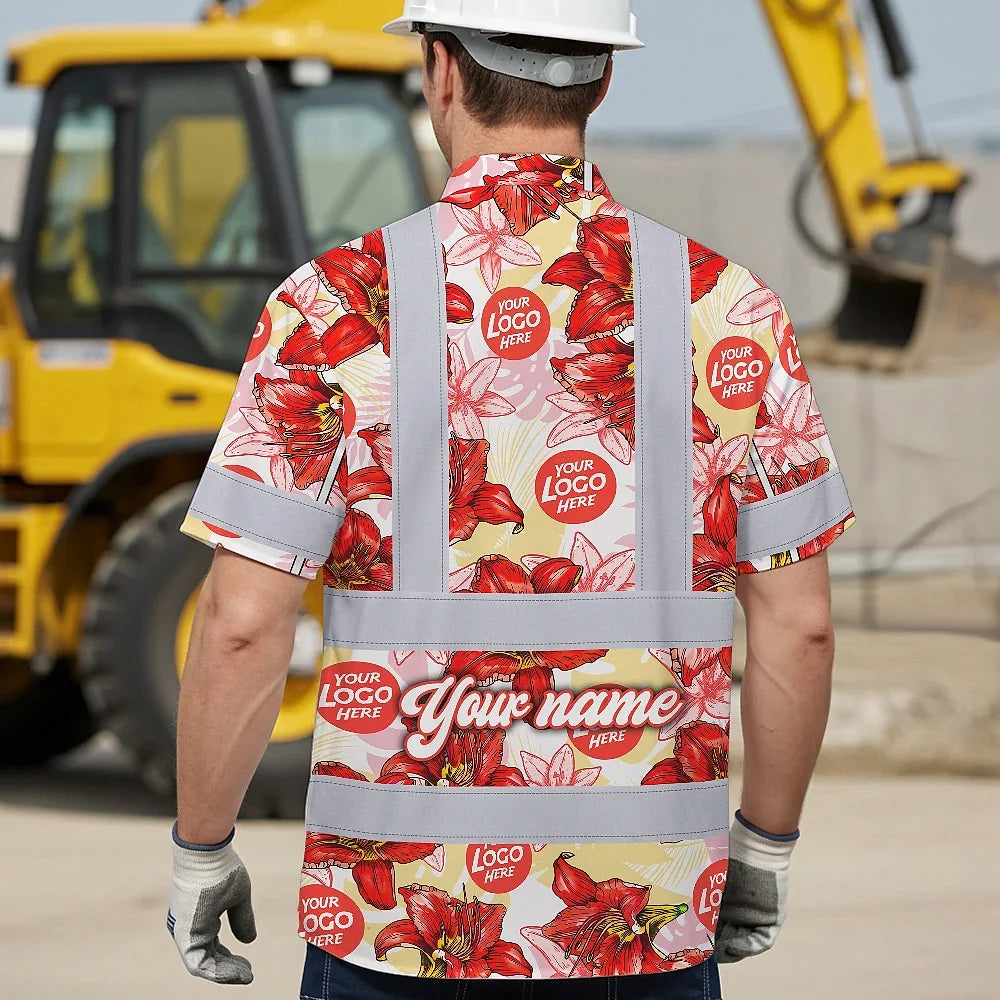 Hi Vis Hawaiian Shirt Reflective Tapes Red Pink Neon And White Flowers Custom Name And Logo Safety Workwear For Workers, Truckers, Operators, Company