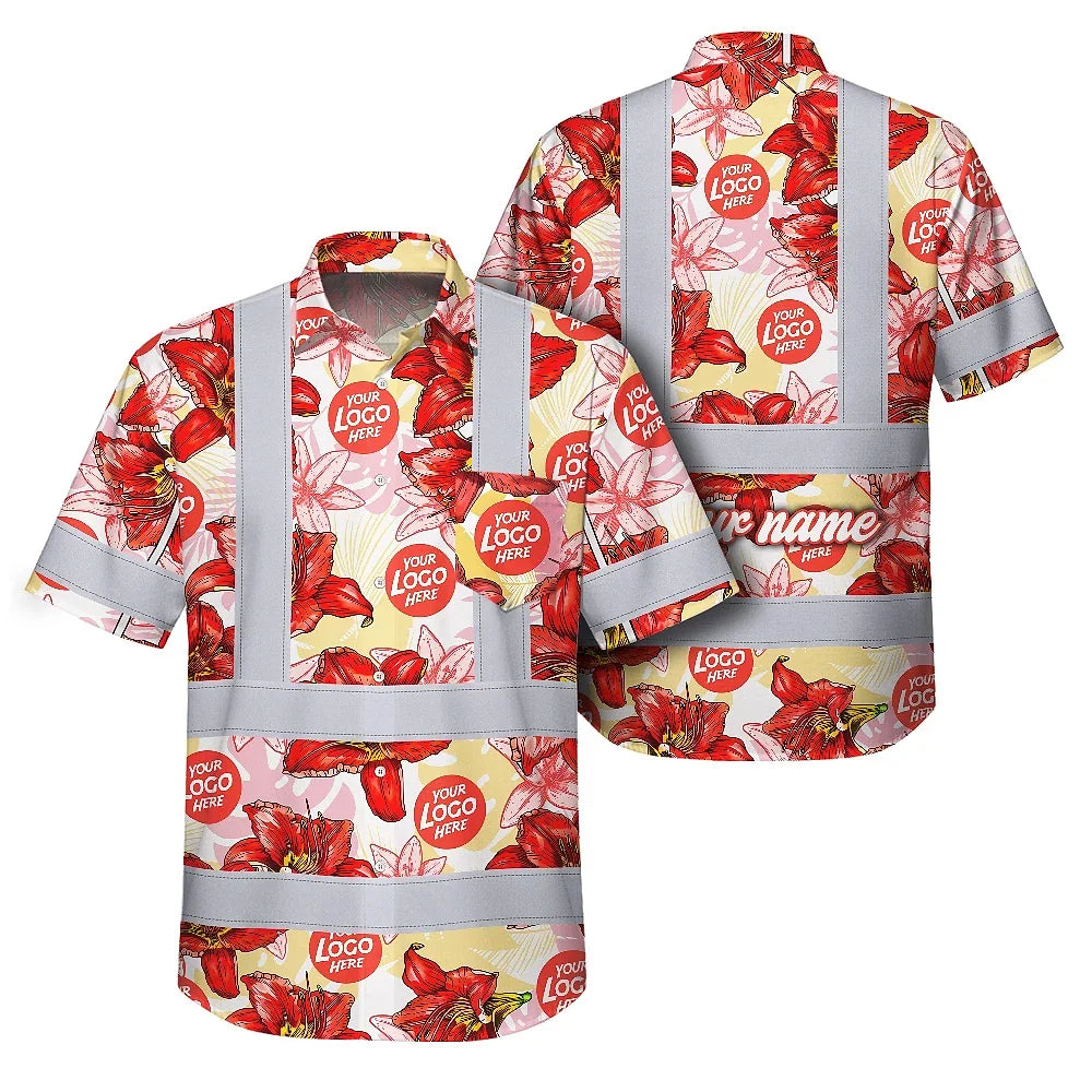 Hi Vis Hawaiian Shirt Reflective Tapes Red Pink Neon And White Flowers Custom Name And Logo Safety Workwear For Workers, Truckers, Operators, Company