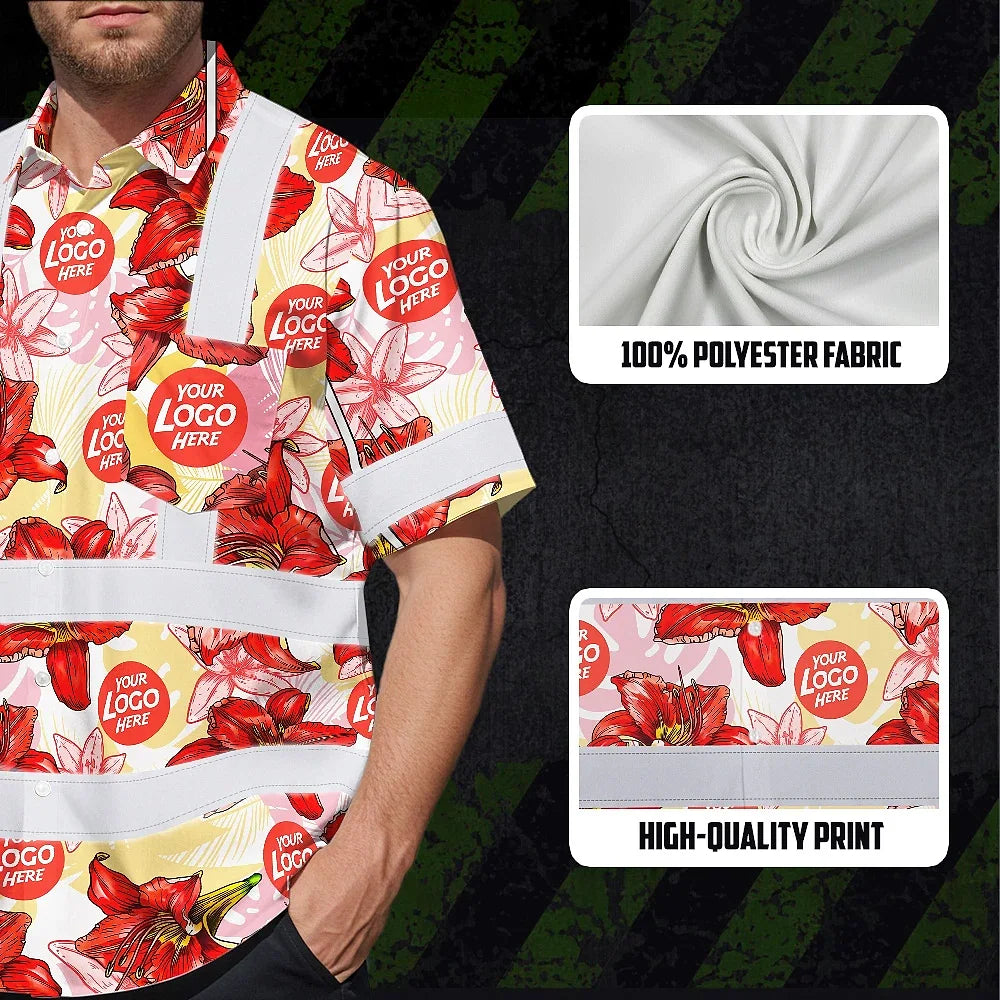 Hi Vis Hawaiian Shirt Reflective Tapes Red Pink Neon And White Flowers Custom Name And Logo Safety Workwear For Workers, Truckers, Operators, Company