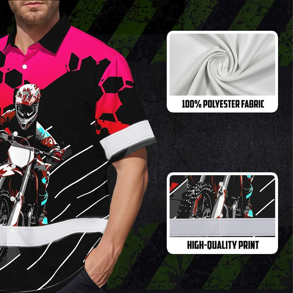 Hi Vis Hawaiian Shirt Reflective Tapes Red Pink Neon Motobike Custom Name Safety Workwear For Bikers, Workers, Truckers, Operators