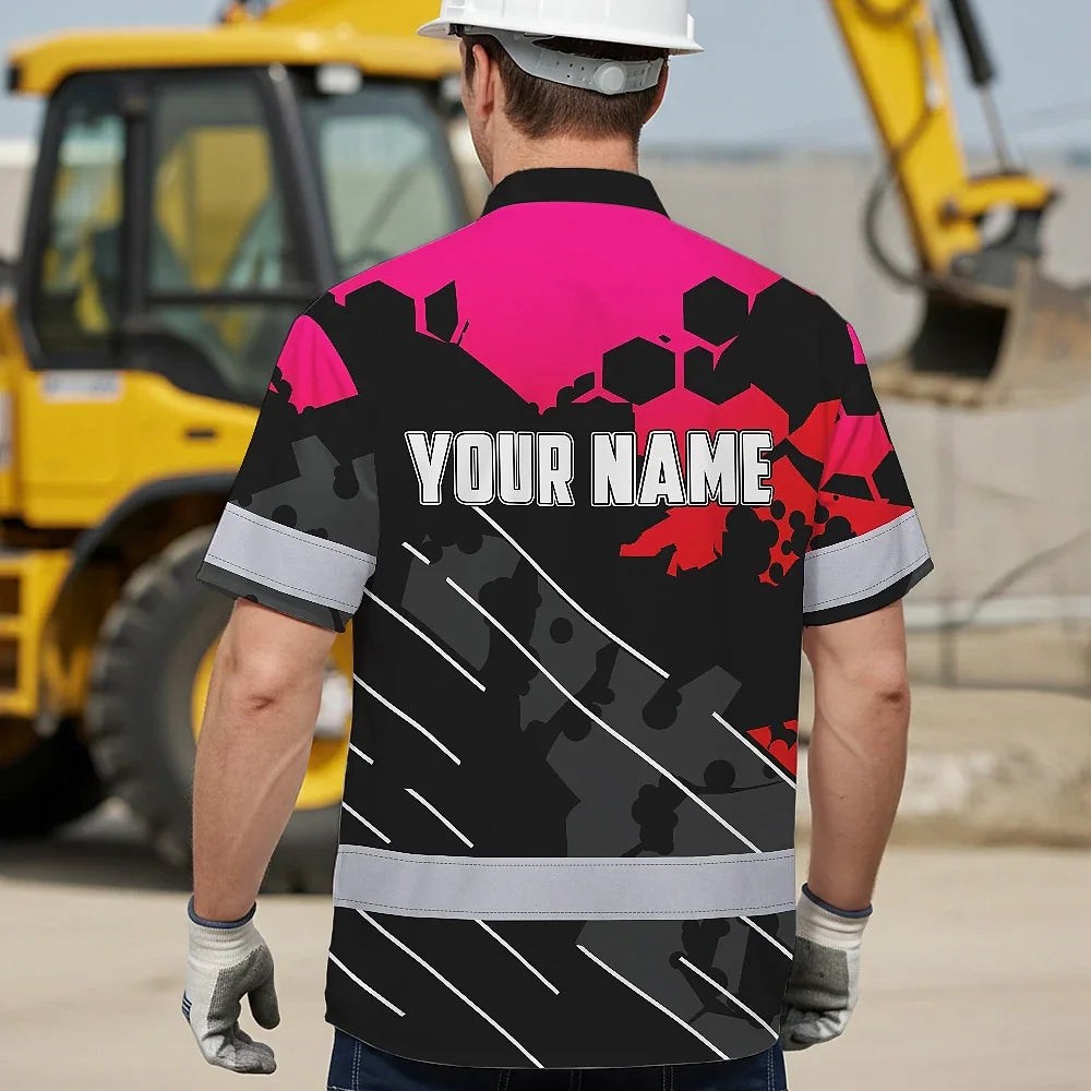 Hi Vis Hawaiian Shirt Reflective Tapes Red Pink Neon Motobike Custom Name Safety Workwear For Bikers, Workers, Truckers, Operators