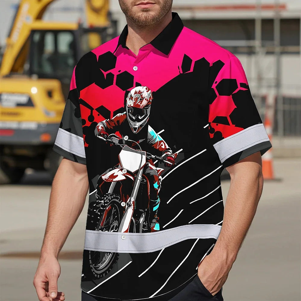 Hi Vis Hawaiian Shirt Reflective Tapes Red Pink Neon Motobike Custom Name Safety Workwear For Bikers, Workers, Truckers, Operators