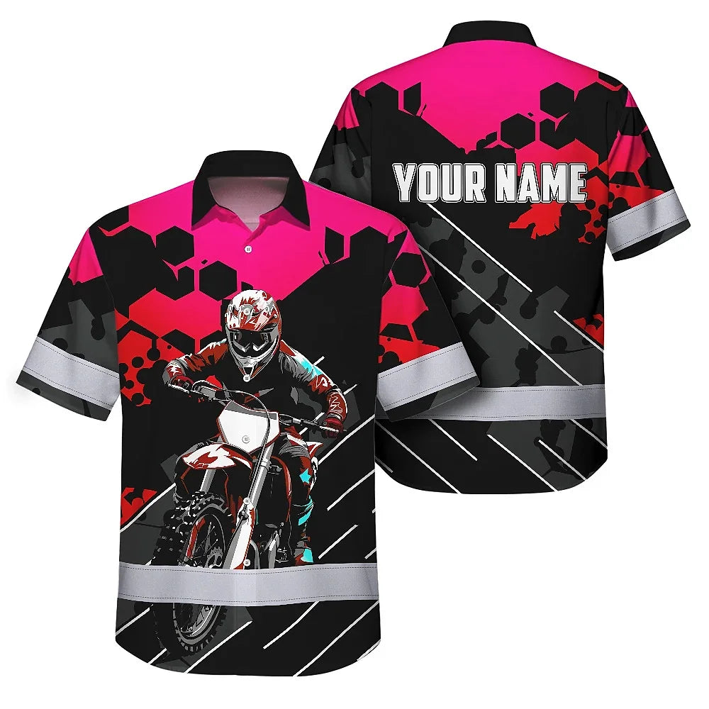 Hi Vis Hawaiian Shirt Reflective Tapes Red Pink Neon Motobike Custom Name Safety Workwear For Bikers, Workers, Truckers, Operators
