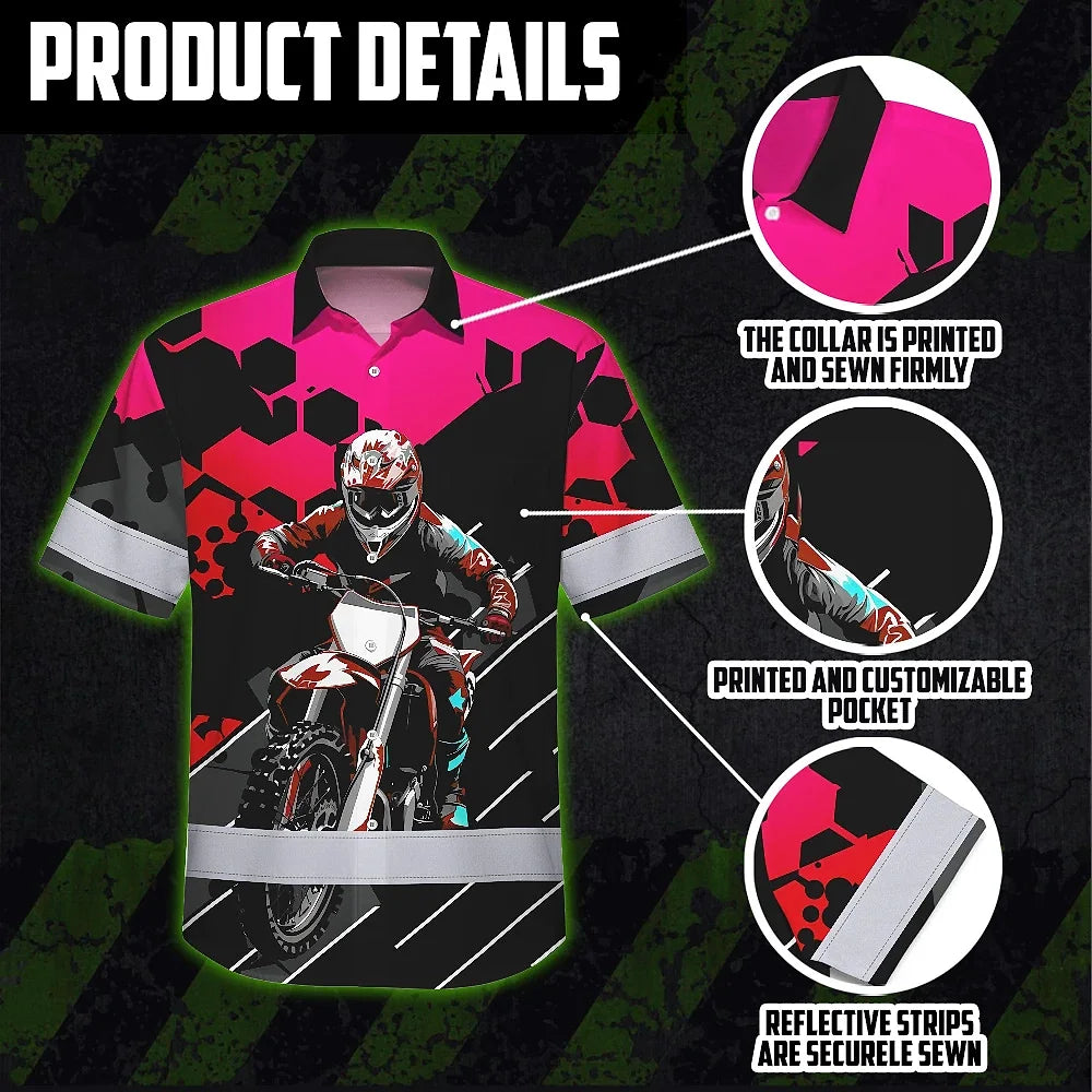 Hi Vis Hawaiian Shirt Reflective Tapes Red Pink Neon Motobike Custom Name Safety Workwear For Bikers, Workers, Truckers, Operators