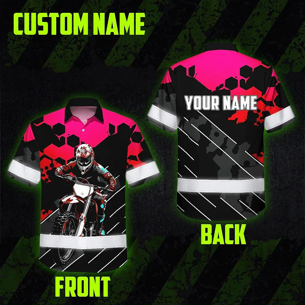 Hi Vis Hawaiian Shirt Reflective Tapes Red Pink Neon Motobike Custom Name Safety Workwear For Bikers, Workers, Truckers, Operators