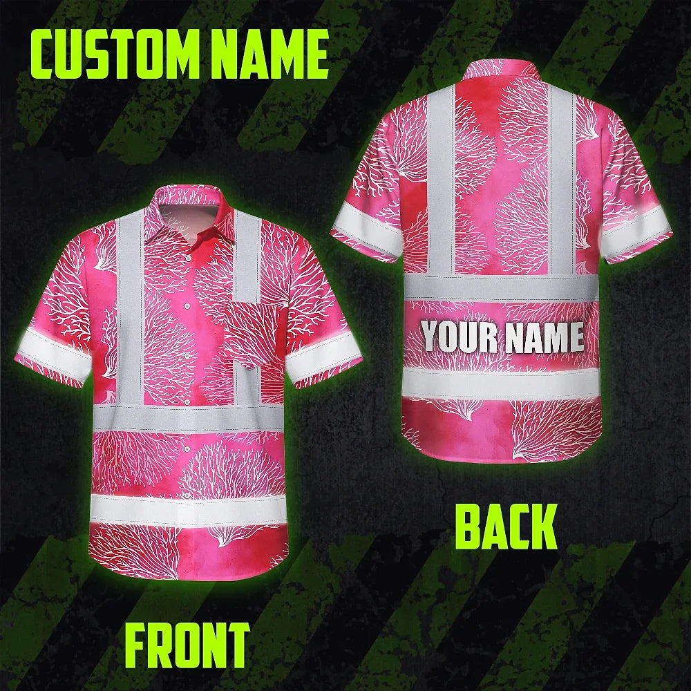 Hi Vis Hawaiian Shirt Reflective Tapes Red White Coral Custom Name Safety Workwear For Workers, Truckers, Operators