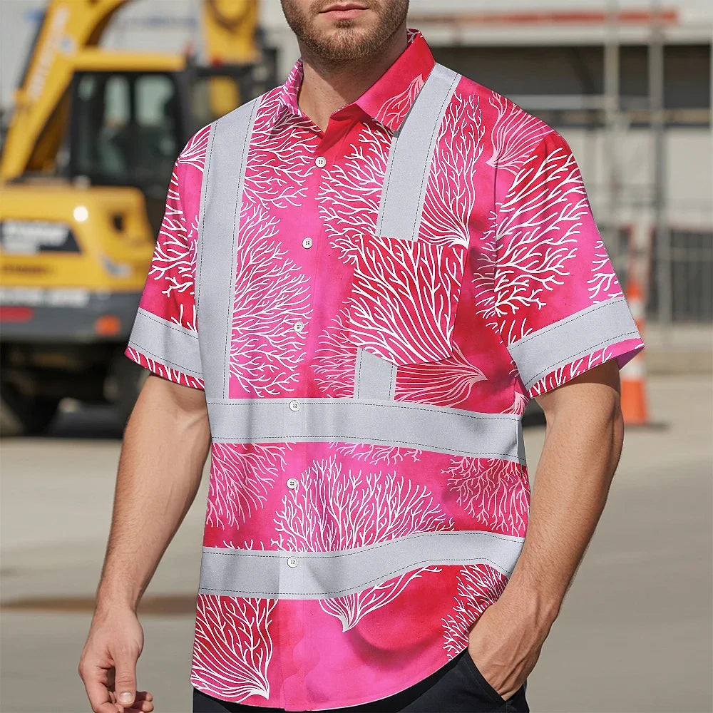 Hi Vis Hawaiian Shirt Reflective Tapes Red White Coral Custom Name Safety Workwear For Workers, Truckers, Operators