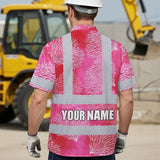 Hi Vis Hawaiian Shirt Reflective Tapes Red White Coral Custom Name Safety Workwear For Workers, Truckers, Operators