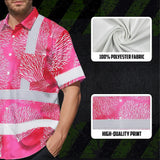 Hi Vis Hawaiian Shirt Reflective Tapes Red White Coral Custom Name Safety Workwear For Workers, Truckers, Operators