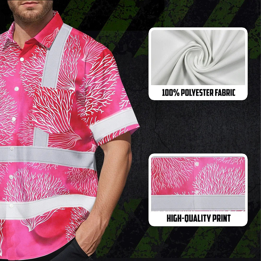 Hi Vis Hawaiian Shirt Reflective Tapes Red White Coral Custom Name Safety Workwear For Workers, Truckers, Operators