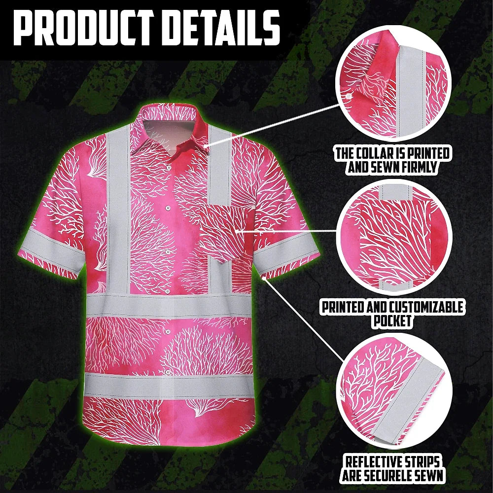 Hi Vis Hawaiian Shirt Reflective Tapes Red White Coral Custom Name Safety Workwear For Workers, Truckers, Operators