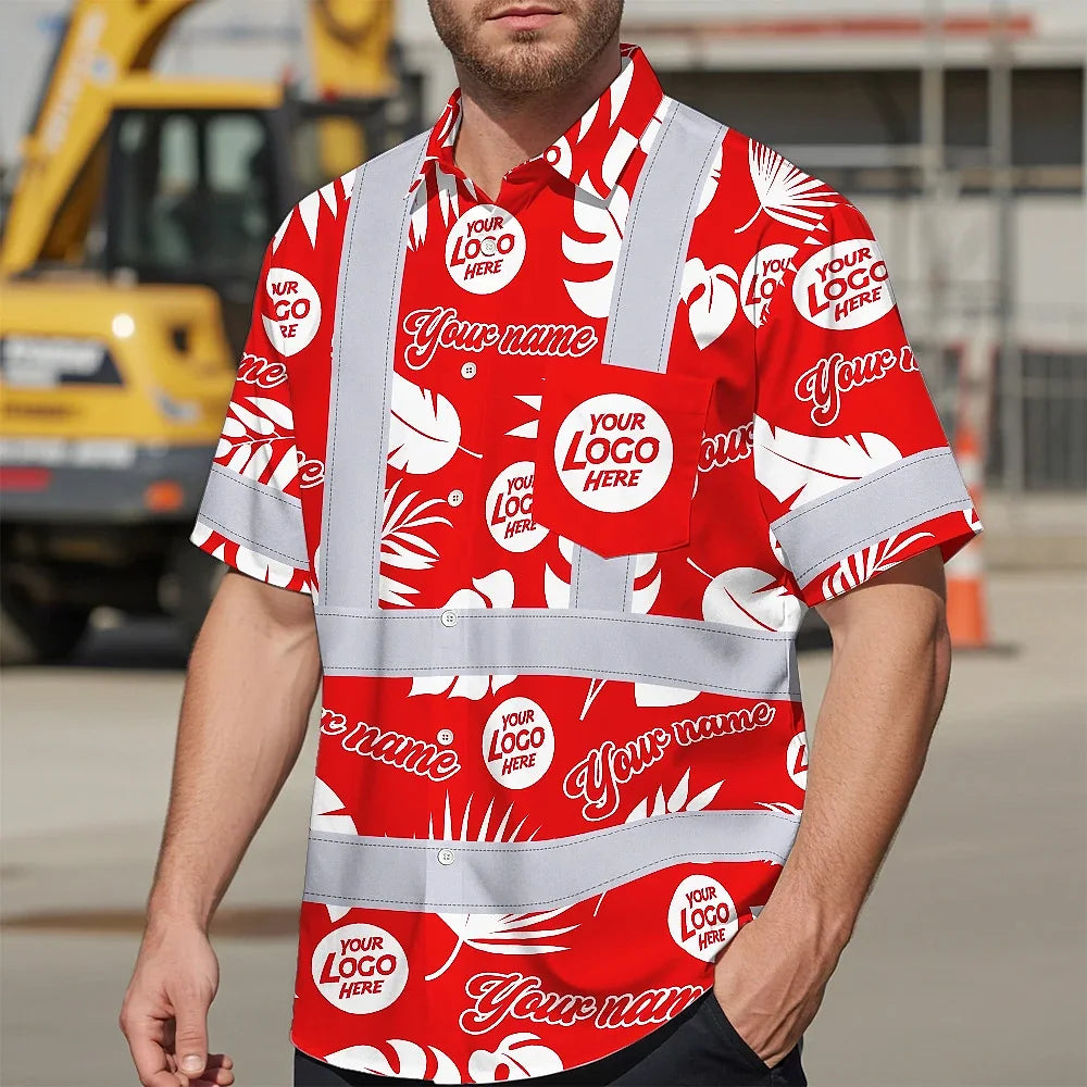 Hi Vis Hawaiian Shirt Reflective Tapes Red White Custom Name And Logo Safety Workwear For Workers, Truckers, Operators, Company
