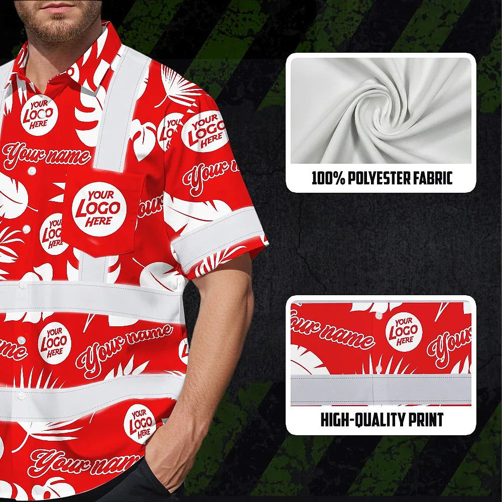 Hi Vis Hawaiian Shirt Reflective Tapes Red White Custom Name And Logo Safety Workwear For Workers, Truckers, Operators, Company