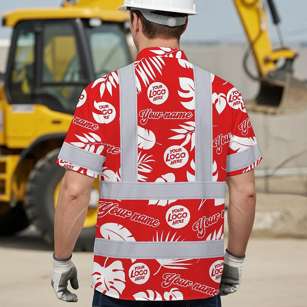 Hi Vis Hawaiian Shirt Reflective Tapes Red White Custom Name And Logo Safety Workwear For Workers, Truckers, Operators, Company