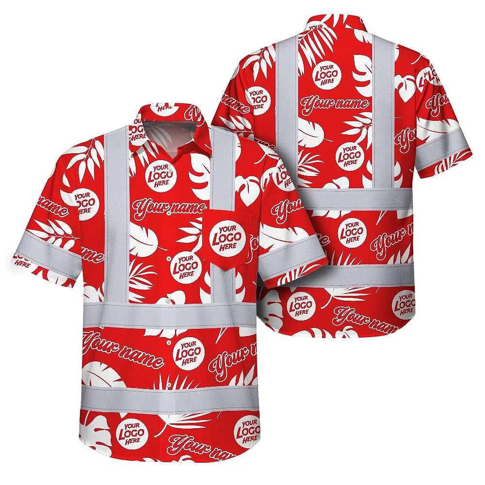Hi Vis Hawaiian Shirt Reflective Tapes Red White Custom Name And Logo Safety Workwear For Workers, Truckers, Operators, Company