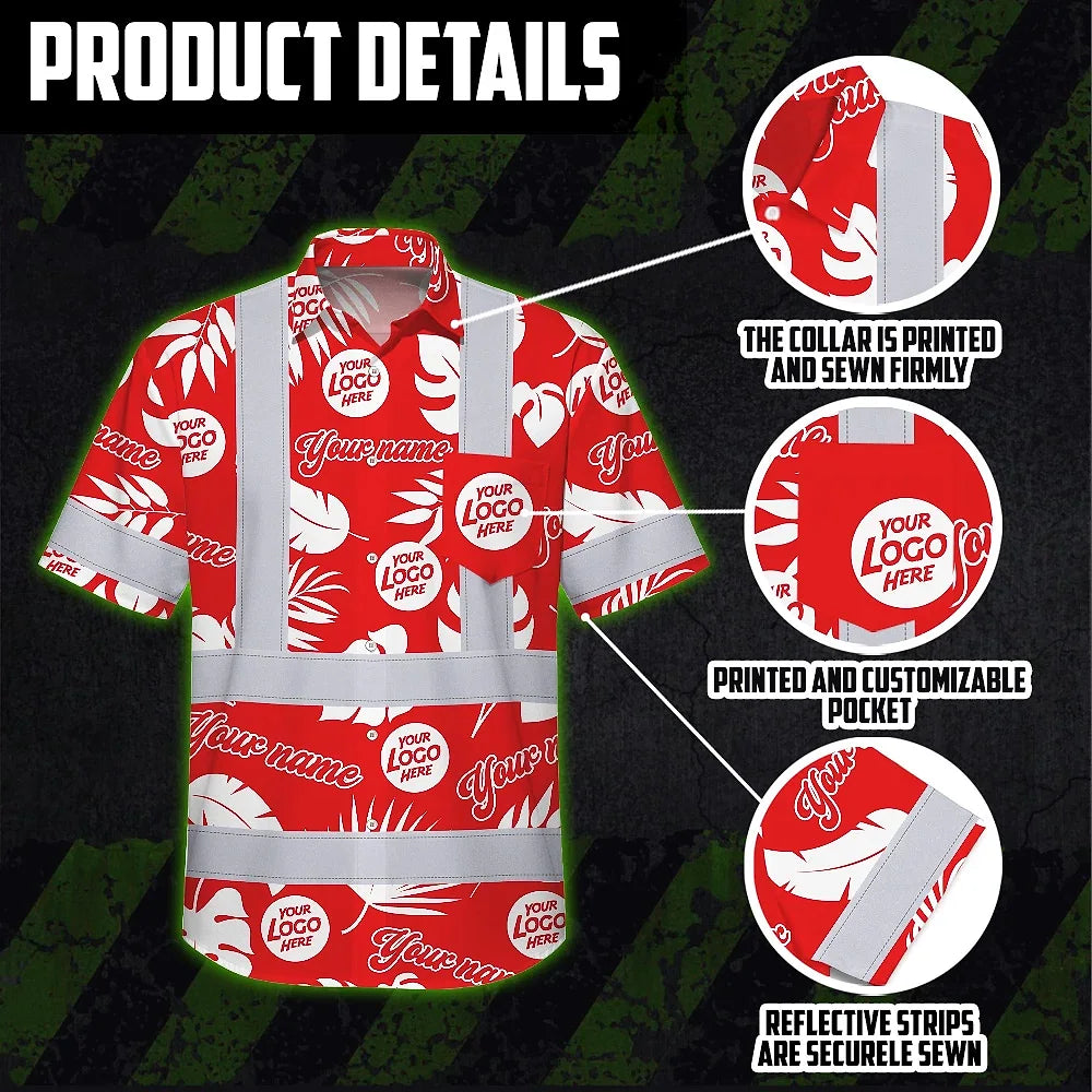 Hi Vis Hawaiian Shirt Reflective Tapes Red White Custom Name And Logo Safety Workwear For Workers, Truckers, Operators, Company