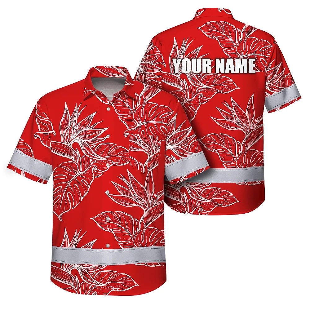 Hi Vis Hawaiian Shirt Reflective Tapes Red White Flowers Custom Name Safety Workwear For Workers, Truckers, Operators