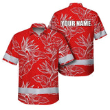 Hi Vis Hawaiian Shirt Reflective Tapes Red White Flowers Custom Name Safety Workwear For Workers, Truckers, Operators