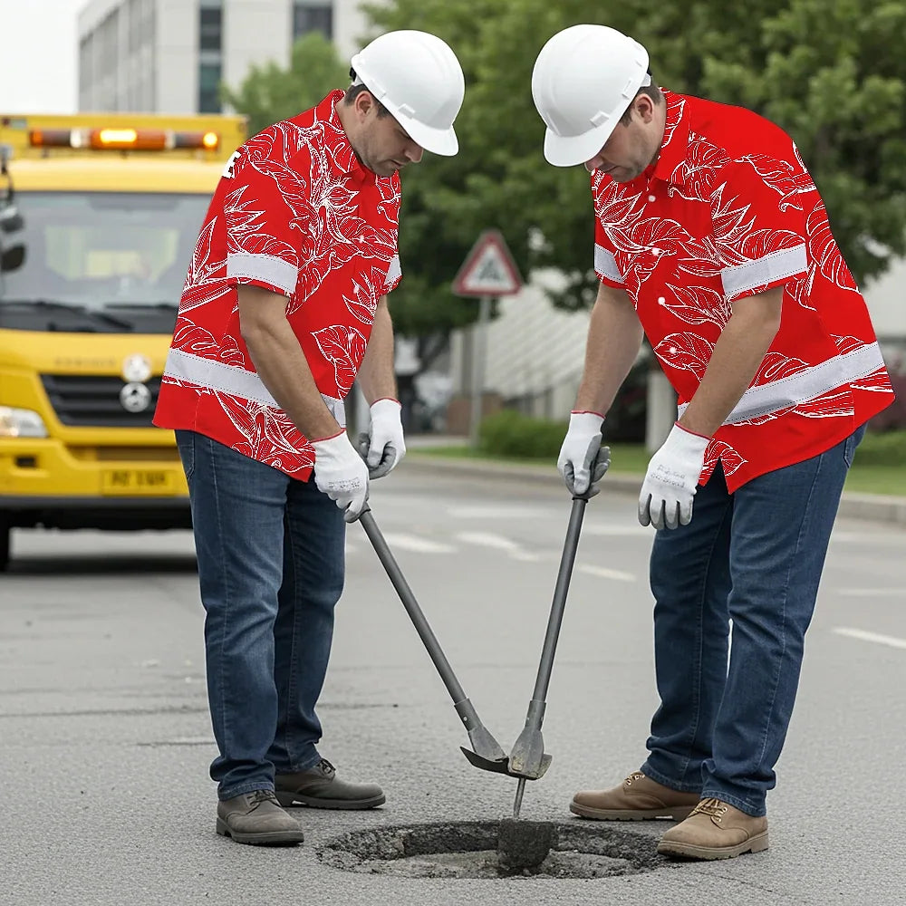 Hi Vis Hawaiian Shirt Reflective Tapes Red White Flowers Custom Name Safety Workwear For Workers, Truckers, Operators