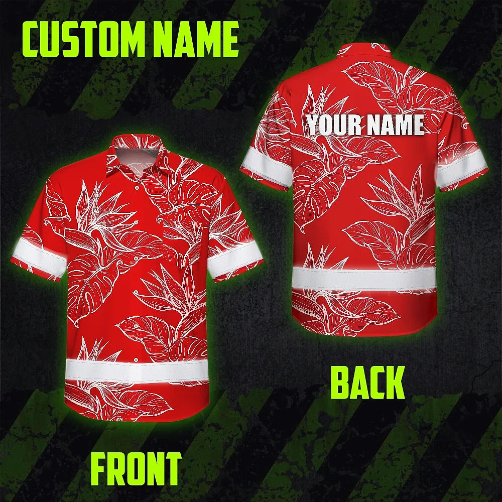Hi Vis Hawaiian Shirt Reflective Tapes Red White Flowers Custom Name Safety Workwear For Workers, Truckers, Operators