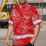 Hi Vis Hawaiian Shirt Reflective Tapes Red White Flowers Custom Name Safety Workwear For Workers, Truckers, Operators