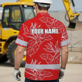 Hi Vis Hawaiian Shirt Reflective Tapes Red White Flowers Custom Name Safety Workwear For Workers, Truckers, Operators