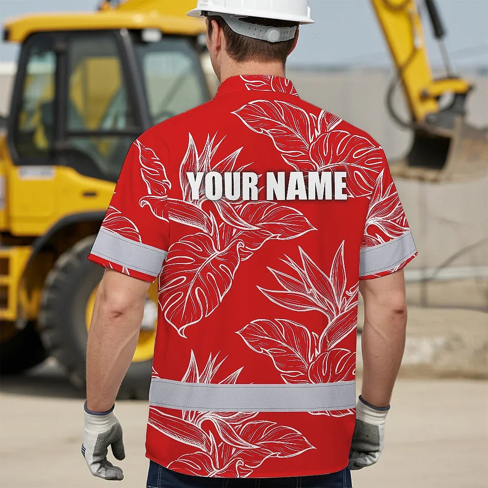 Hi Vis Hawaiian Shirt Reflective Tapes Red White Flowers Custom Name Safety Workwear For Workers, Truckers, Operators