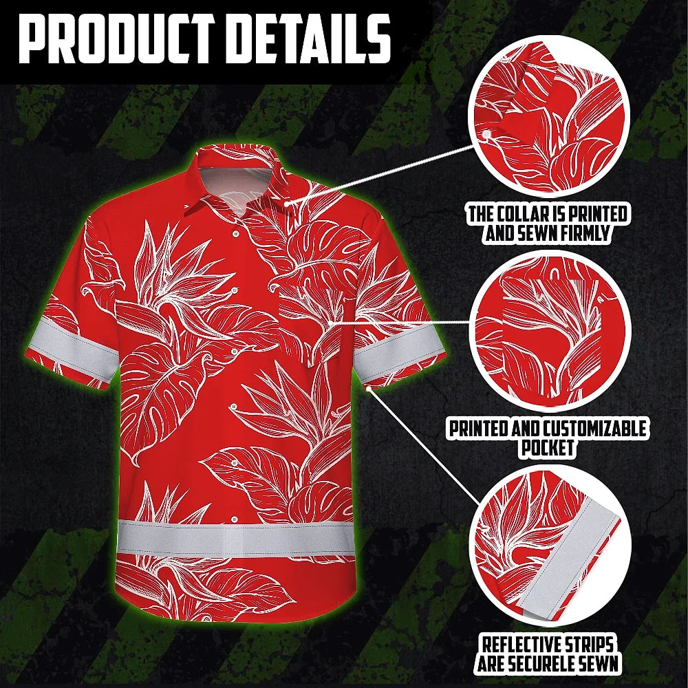Hi Vis Hawaiian Shirt Reflective Tapes Red White Flowers Custom Name Safety Workwear For Workers, Truckers, Operators