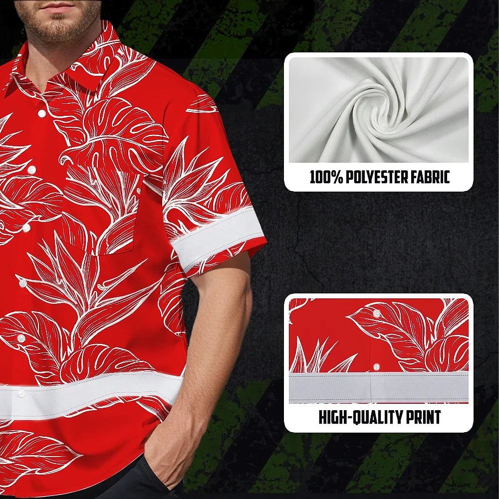 Hi Vis Hawaiian Shirt Reflective Tapes Red White Flowers Custom Name Safety Workwear For Workers, Truckers, Operators
