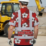Hi Vis Hawaiian Shirt Reflective Tapes Red White Hibiscus Custom Name Safety Workwear For Workers, Truckers, Operators