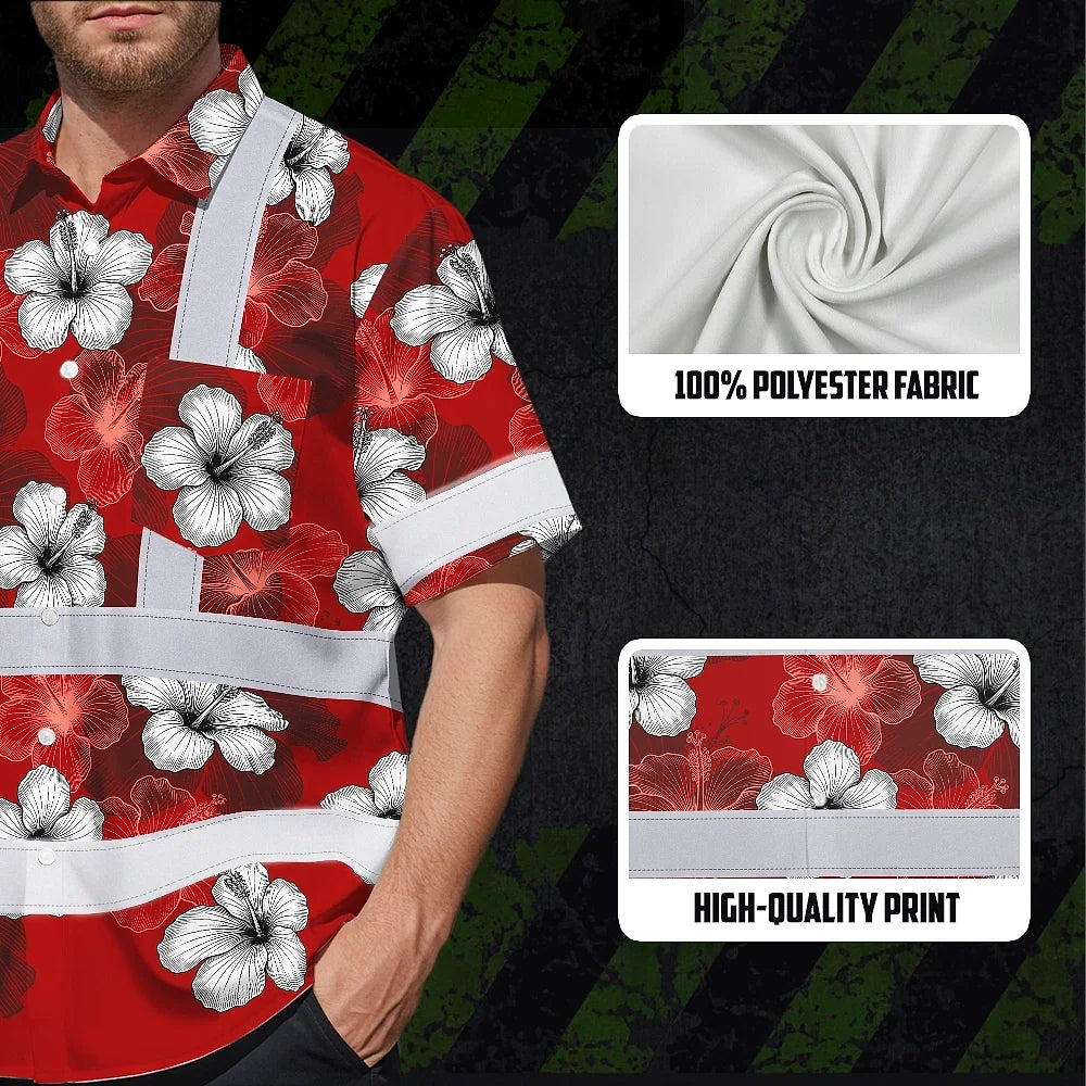 Hi Vis Hawaiian Shirt Reflective Tapes Red White Hibiscus Custom Name Safety Workwear For Workers, Truckers, Operators