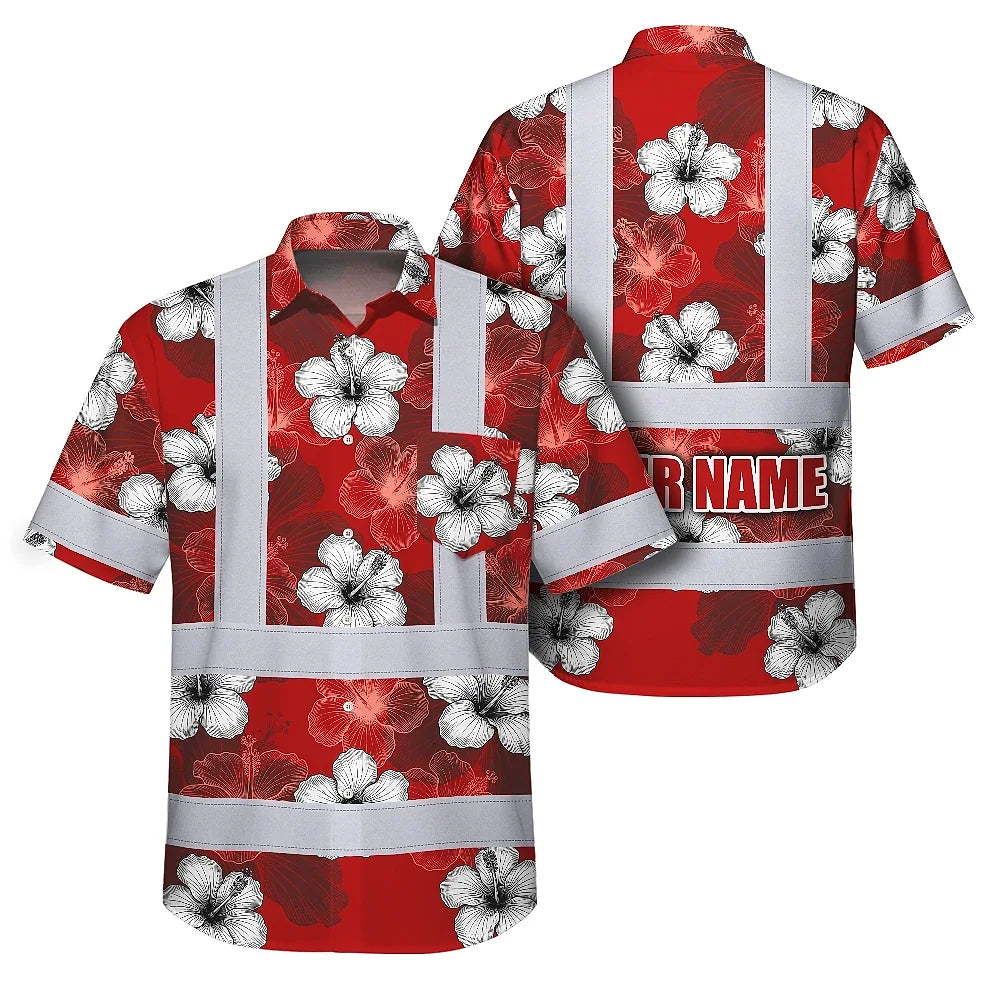 Hi Vis Hawaiian Shirt Reflective Tapes Red White Hibiscus Custom Name Safety Workwear For Workers, Truckers, Operators