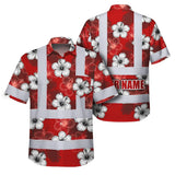 Hi Vis Hawaiian Shirt Reflective Tapes Red White Hibiscus Custom Name Safety Workwear For Workers, Truckers, Operators
