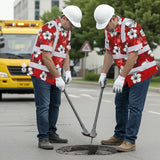 Hi Vis Hawaiian Shirt Reflective Tapes Red White Hibiscus Custom Name Safety Workwear For Workers, Truckers, Operators