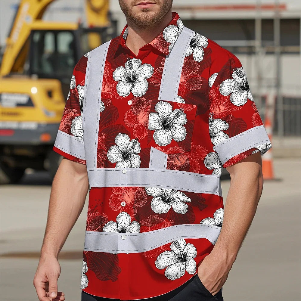 Hi Vis Hawaiian Shirt Reflective Tapes Red White Hibiscus Custom Name Safety Workwear For Workers, Truckers, Operators