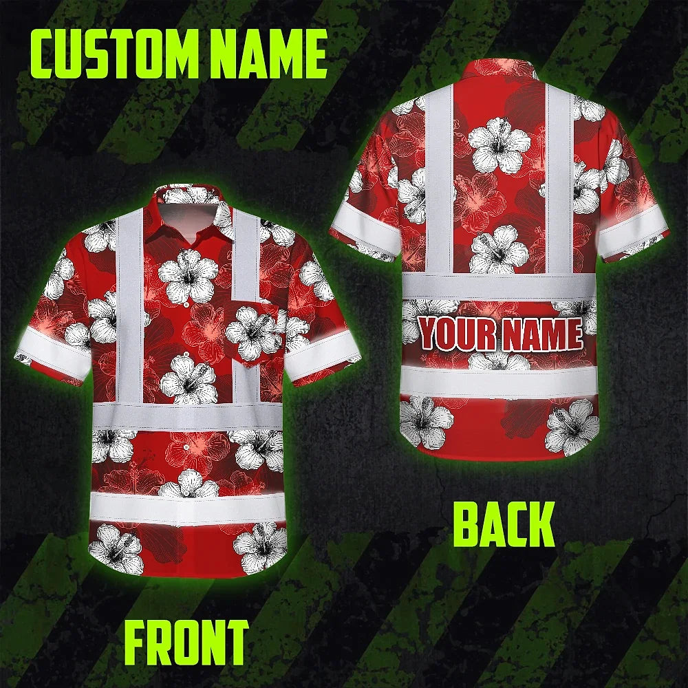 Hi Vis Hawaiian Shirt Reflective Tapes Red White Hibiscus Custom Name Safety Workwear For Workers, Truckers, Operators