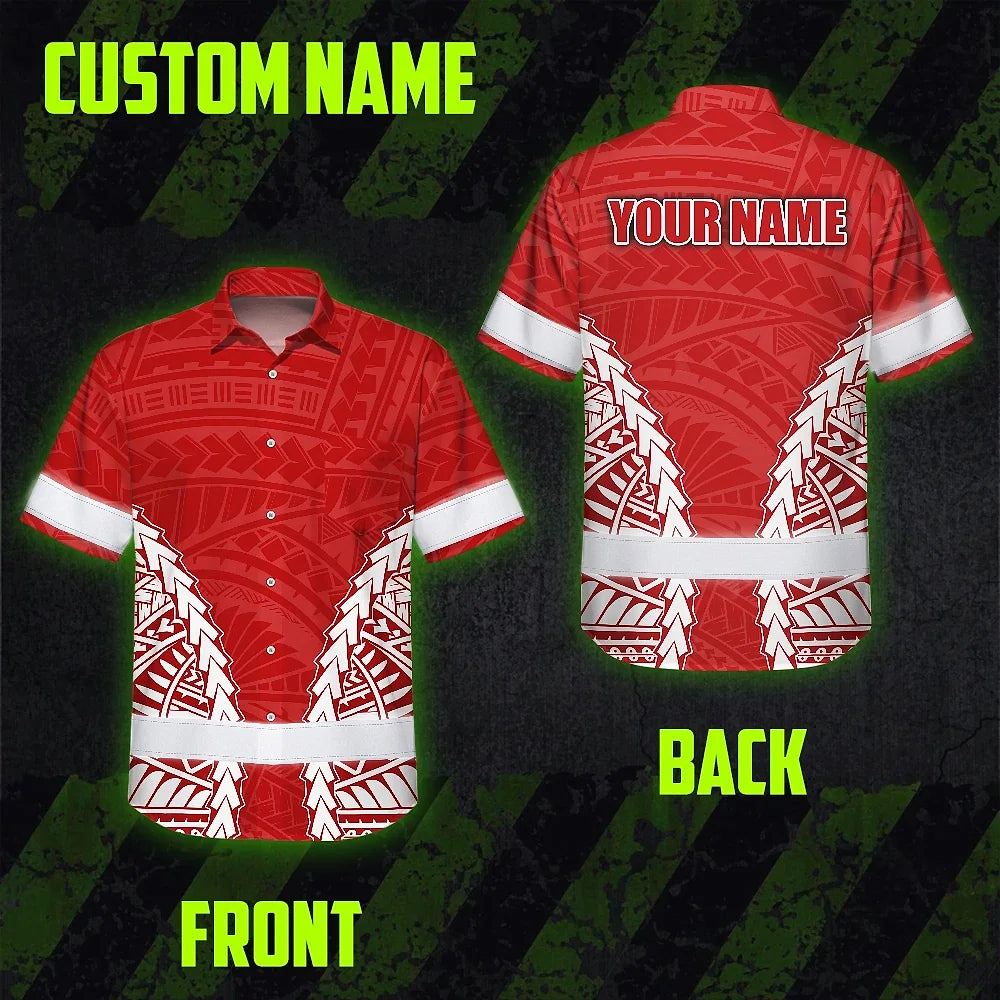 Hi Vis Hawaiian Shirt Reflective Tapes Red White Polynesian Custom Name Safety Workwear For Workers, Truckers, Operators