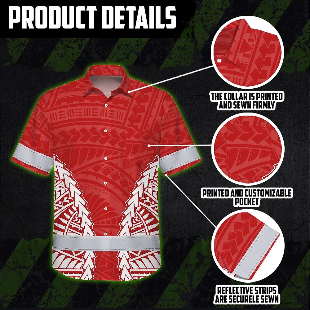 Hi Vis Hawaiian Shirt Reflective Tapes Red White Polynesian Custom Name Safety Workwear For Workers, Truckers, Operators