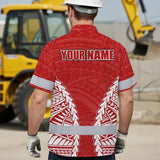 Hi Vis Hawaiian Shirt Reflective Tapes Red White Polynesian Custom Name Safety Workwear For Workers, Truckers, Operators