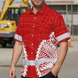 Hi Vis Hawaiian Shirt Reflective Tapes Red White Polynesian Custom Name Safety Workwear For Workers, Truckers, Operators