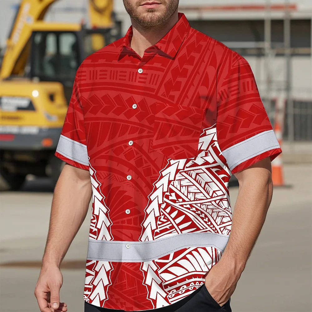 Hi Vis Hawaiian Shirt Reflective Tapes Red White Polynesian Custom Name Safety Workwear For Workers, Truckers, Operators