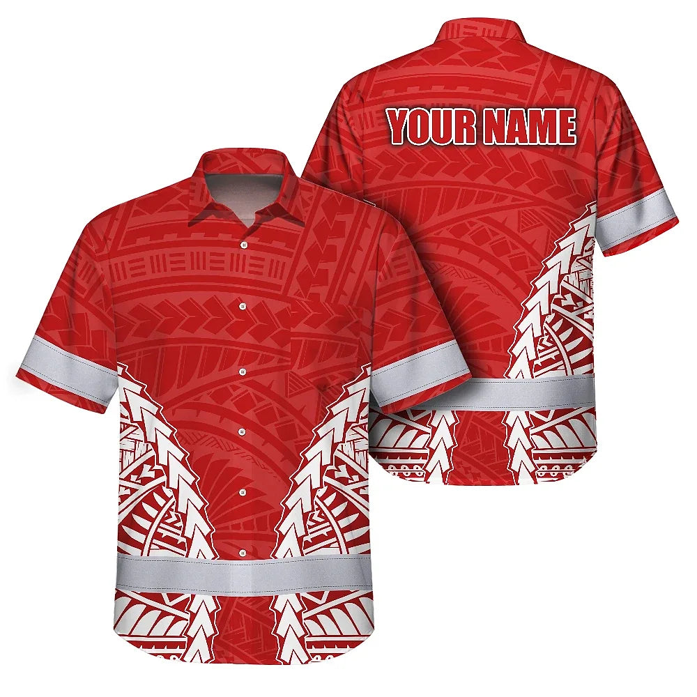 Hi Vis Hawaiian Shirt Reflective Tapes Red White Polynesian Custom Name Safety Workwear For Workers, Truckers, Operators