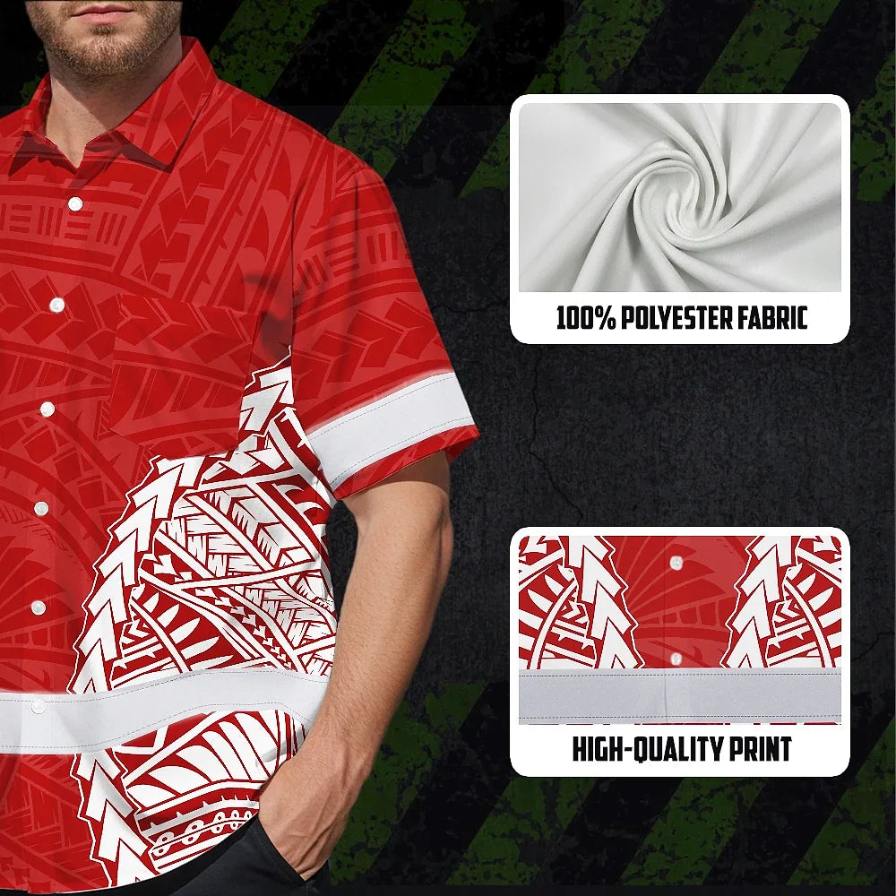 Hi Vis Hawaiian Shirt Reflective Tapes Red White Polynesian Custom Name Safety Workwear For Workers, Truckers, Operators