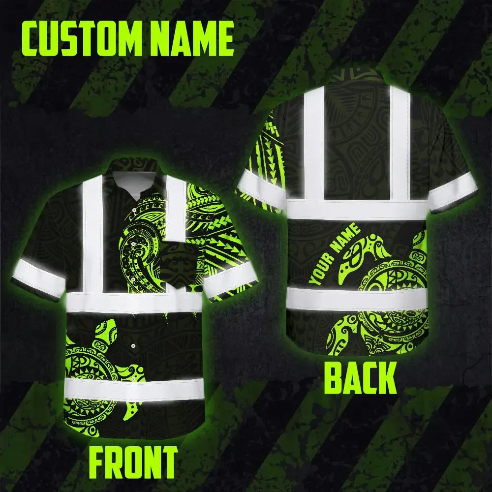 Hi Vis Hawaiian Shirt Reflective Tapes Sea Turtle Hawaiian Polynesian Tribal Custom Name