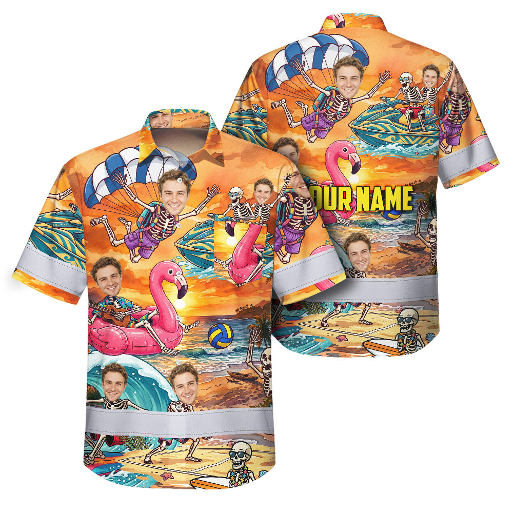 Skeleton Surfing Beach Sunset Hi-Vis Hawaiian Shirt