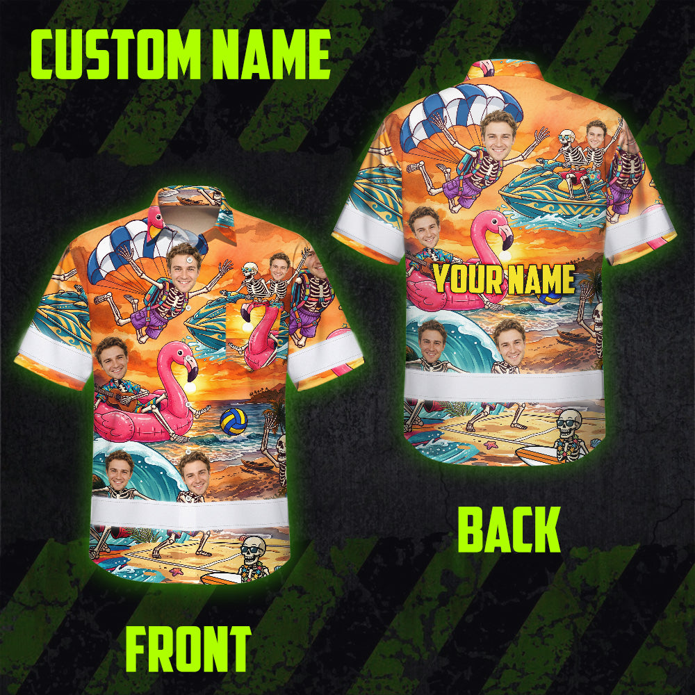 Skeleton Surfing Beach Sunset Hi-Vis Hawaiian Shirt