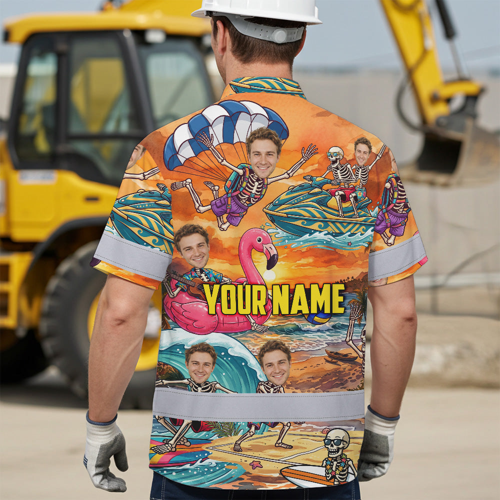 Skeleton Surfing Beach Sunset Hi-Vis Hawaiian Shirt