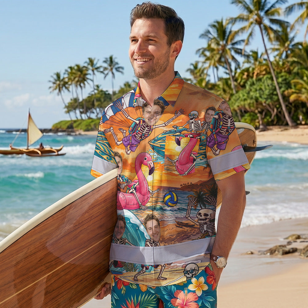 Skeleton Surfing Beach Sunset Hi-Vis Hawaiian Shirt