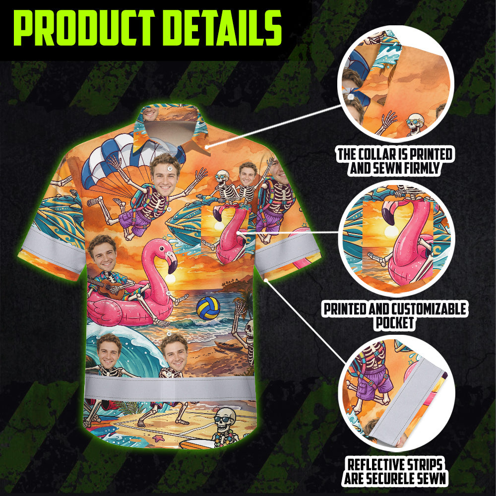 Skeleton Surfing Beach Sunset Hi-Vis Hawaiian Shirt